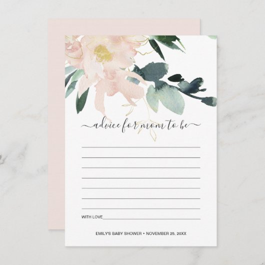 SOFT BLUSH FLORAL WATERVERF ADVICE BABY SHOWER INFORMATIEKAARTJE (Voorkant / Achterkant)