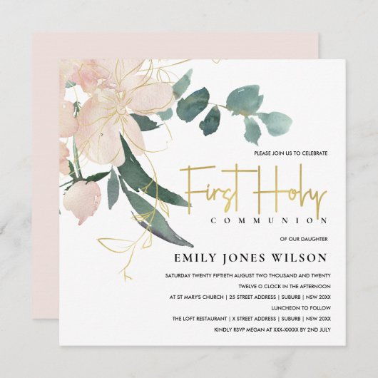 SOFT BLUSH FLORAL WATERVERF FIRST HOLY COMMUNION KAART (Voorkant / Achterkant)