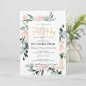 SOFT BLUSH FLORAL WATERVERF FIRST HOLY COMMUNION KAART (Staand voorkant)