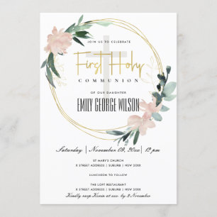 SOFT BLUSH FLORAL WATERVERF FIRST HOLY COMMUNION KAART