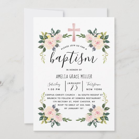 Soft Blush Florals Modern Baptism Invitation Bedankkaart (Voorkant)