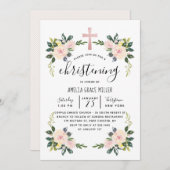 Soft Blush Florals Moderne Christening Invitation Bedankkaart (Voorkant / Achterkant)
