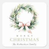 Soft Blush Green Christmas Krans Waterverf Vierkante Sticker (Voorkant)