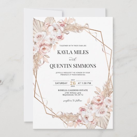 Soft Blush Pampas Grass Boho Gold Geometric Frame  Kaart (Voorkant)