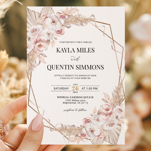 Soft Blush Pampas Grass Boho Gold Geometric Frame  Kaart