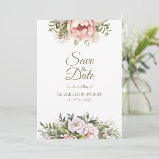 Soft Blush Peony Save The Date Card (Debout devant)