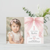 Soft Blush Pink Bow Coquette Theme 1st Birthday Kaart (Staand voorkant)