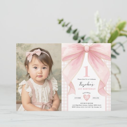 Soft Blush Pink Bow Coquette Theme 1st Birthday Kaart (Staand voorkant)