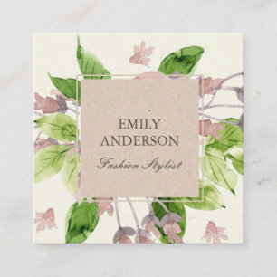 SOFT BLUSH PINK GREEN WATERVERF FLORAL VIERKANTE VISITEKAARTJE