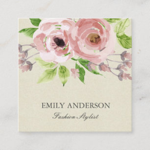 SOFT BLUSH PINK GREEN WATERVERF FLORAL VIERKANTE VISITEKAARTJE