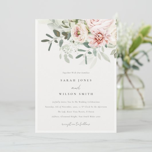 Soft Blush Pink Peonies Eucalyptus Foliage Weddens Kaart (Staand voorkant)