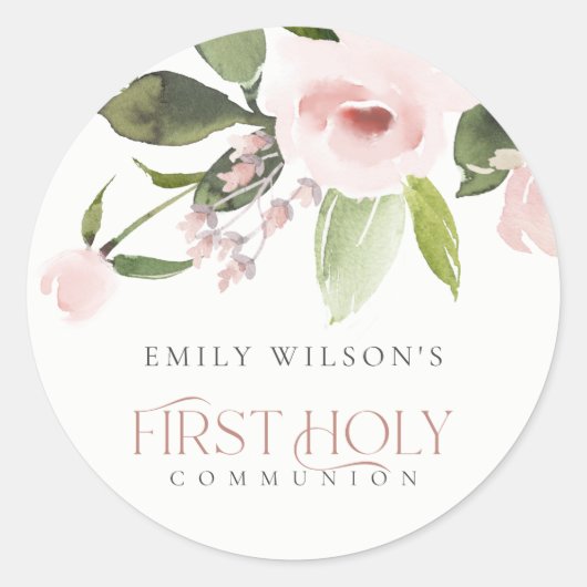 SOFT BLUSH PINK ROSE FLORAL FIRST HOLY COMMUNION RONDE STICKER (Voorkant)