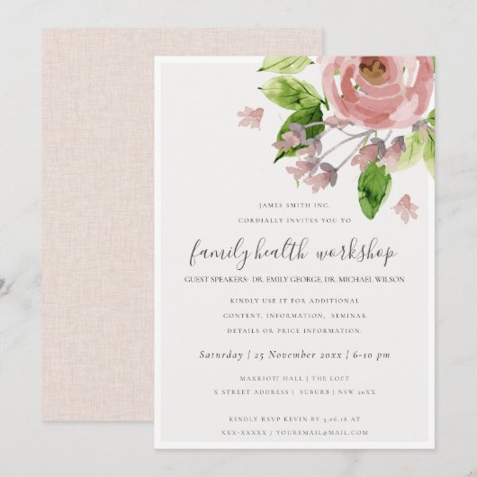 SOFT BLUSH PINK WATERVERF FLORAL WORKSHOP EVENEMEN KAART (Voorkant / Achterkant)