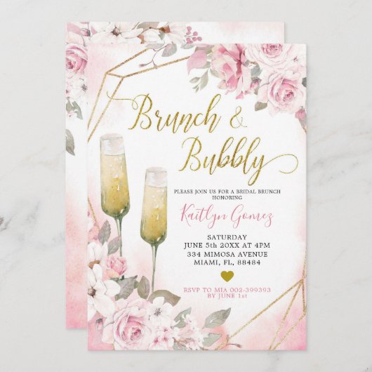Soft Blush Rose Brunch et Bubbly Invitation (Devant / Derrière)