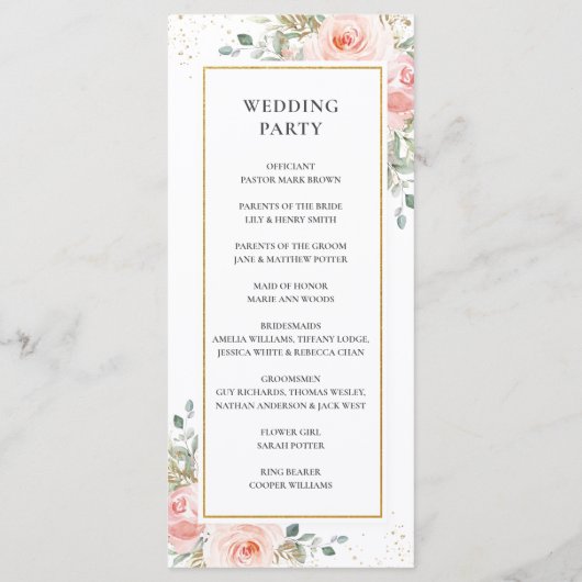Soft Blush Rose Floral Gold Programme de mariage f (Dos)