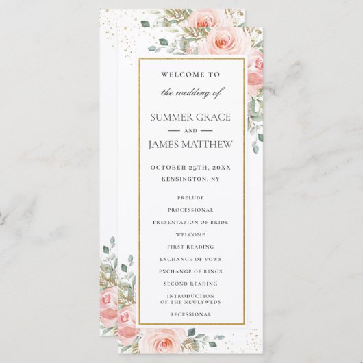 Soft Blush Rose Floral Gold Programme de mariage f (Devant / Derrière)