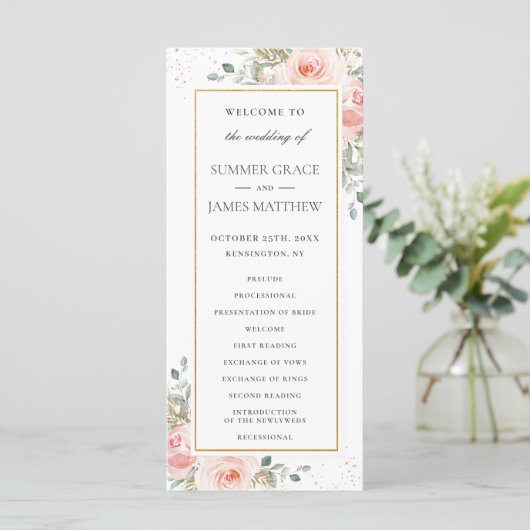 Soft Blush Rose Floral Gold Programme de mariage f (Debout devant)
