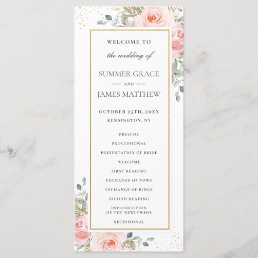 Soft Blush Rose Floral Gold Programme de mariage f (Devant)