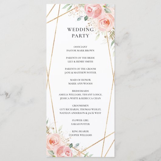 Soft Blush rose Floral Programme de mariage géomét (Dos)
