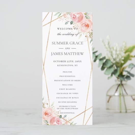 Soft Blush rose Floral Programme de mariage géomét (Debout devant)