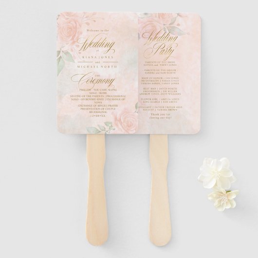 Soft Blush Rozen Wedding Ceremony Program ID828 Handwaaier (Voorkant en achterkant)