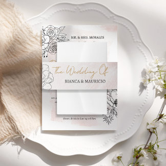 Soft Blush Waterverf met Elegante Zwarte Bloemen Uitnodigingen Wikkel
