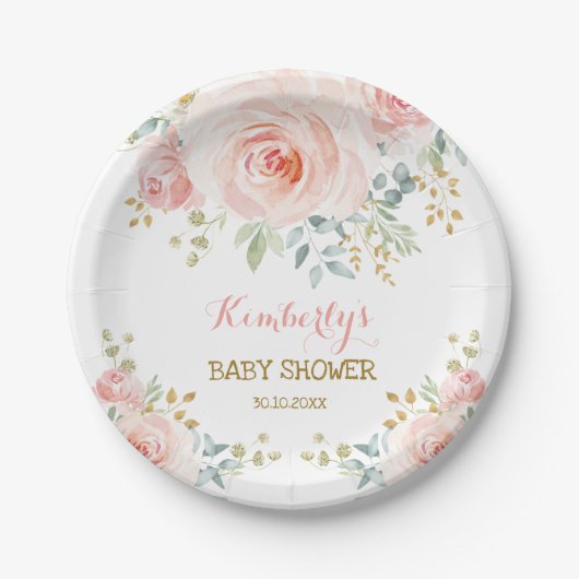 Soft Boho Blush Pink Gold Floral Baby shower Papieren Bordje (Voorkant)