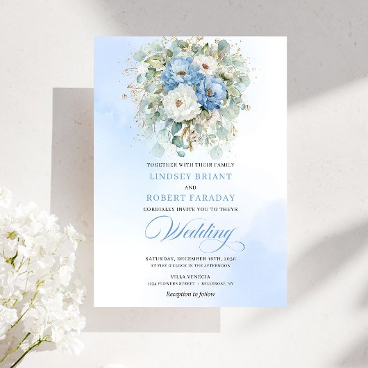 Soft Boho Dusty Blue White Peony Greenery Wedding Kaart