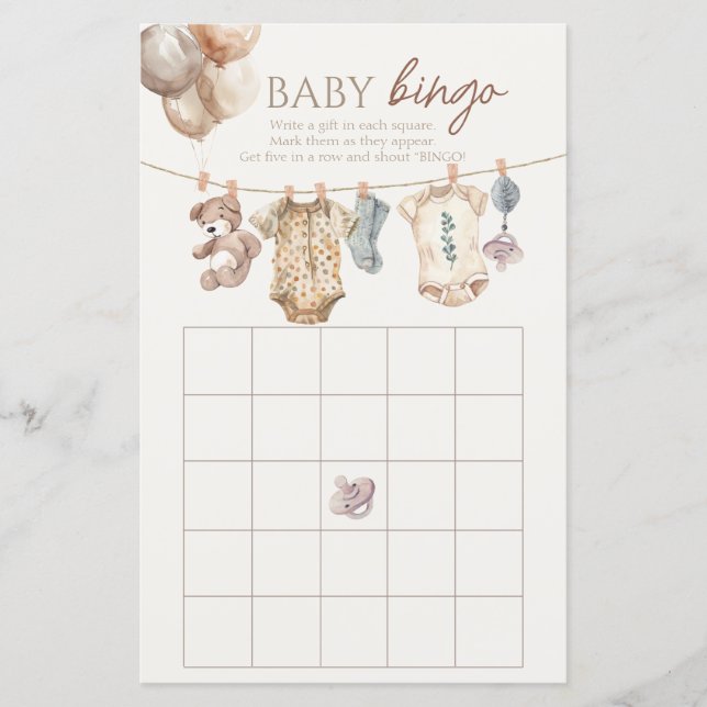 Soft Boho Neutral Babykleding Bingo spel (Voorkant)