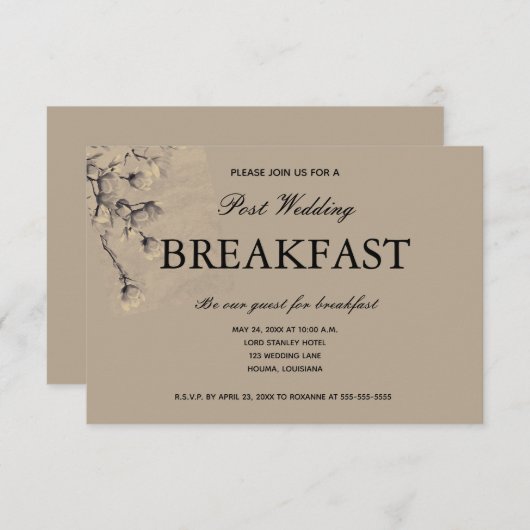 Soft Classy Taupe Bloemen Post Trouwontbijt RSVP Kaartje (Voorkant / Achterkant)