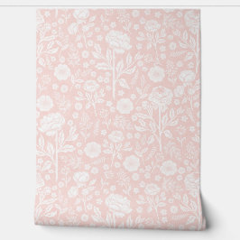 Soft Coral Pink Peonies Hand-Drawn Cottage Floral Behang