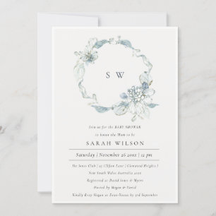 Soft Dusky Blue Floral Wreatal Baby shower Invite Bedankkaart