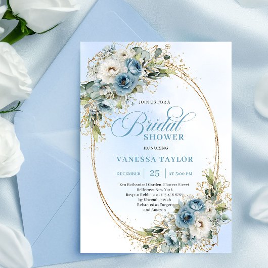 Soft Dusty Blue Floral Script Bridal Shower Invite Kaart