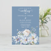 Soft Dusty Blue Ivory Floral Photo Wedding Kaart (Staand voorkant)