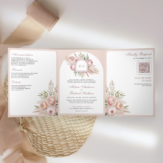 Soft Dusty Roos Roze Bloemen Pampas QR Code Huweli Drieluik Uitnodiging