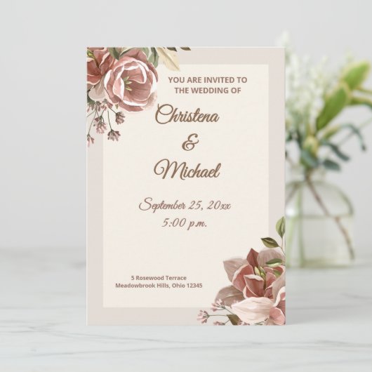 Soft Dusty Rose Floral Wedding Invitation (Debout devant)