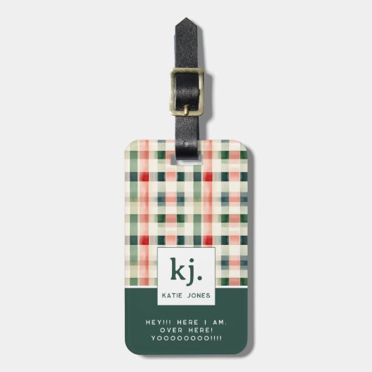 Soft evergreen gingham monogram bagagelabel (Voorkant verticaal)