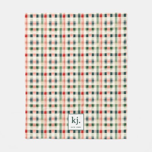 Soft evergreen gingham monogram fleece deken (Voorkant)