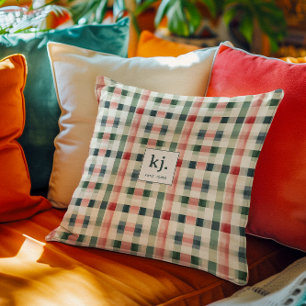 Soft evergreen gingham monogram kussen