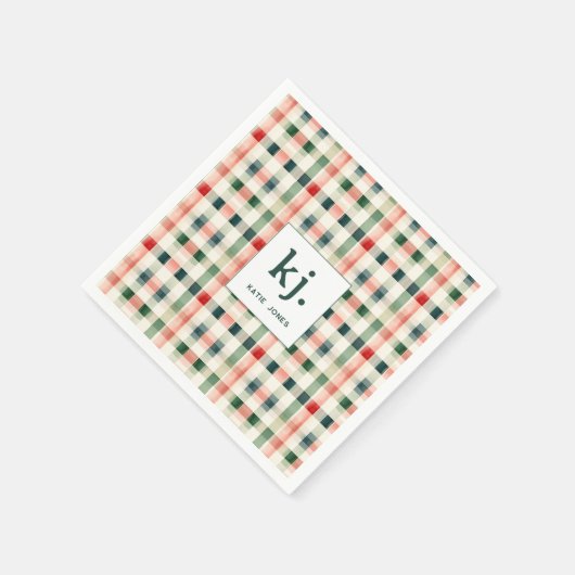 Soft evergreen gingham monogram servet (Hoek)