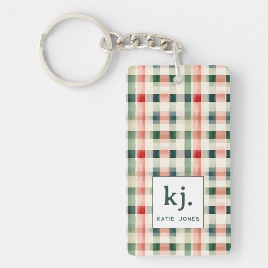 Soft evergreen gingham monogram sleutelhanger (Voorkant)