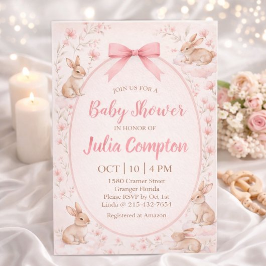Soft Floral Bunny Baby Shower Invitation