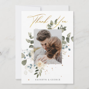 Soft Floral Gold Botanical Foliage Weduwfoto Bedankkaart