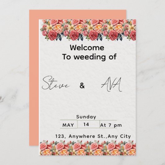 Soft Floral Pink Wedding Invitation | Romantic & E (Devant / Derrière)