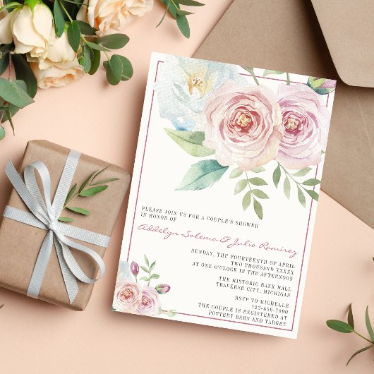 Soft Floral Romantic Greenery Mauve Couples Shower Kaart