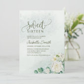 Soft Green & Blush Sweet 16 Invitation White Roses (Debout devant)