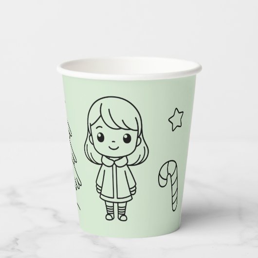 Soft Green Cute Girl and Cat Christmas Design Papieren Bekers (Achterkant)