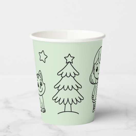 Soft Green Cute Girl and Cat Christmas Design Papieren Bekers (Links)