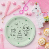 Soft Green Cute Girl and Cat Christmas Design Papieren Bordje (Feest)