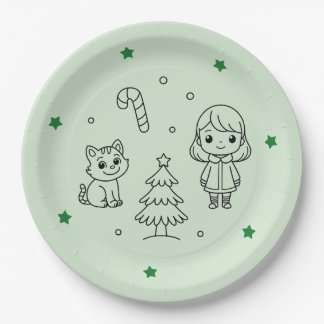 Soft Green Cute Girl and Cat Christmas Design Papieren Bordje